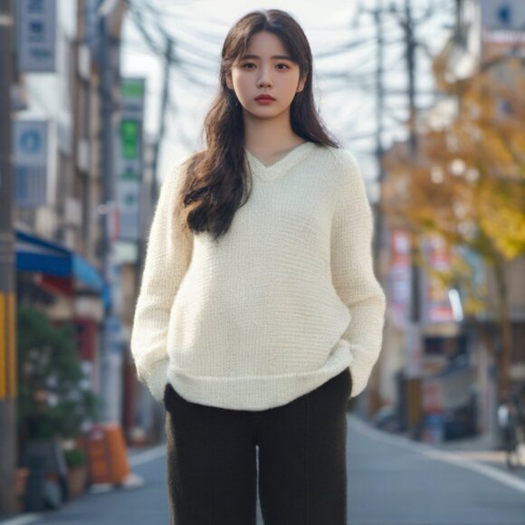 Hand Knit Custom Designer Heavy Cable Calf Face Cream V-Neck Sweater Size Large - Picture 1 of 8